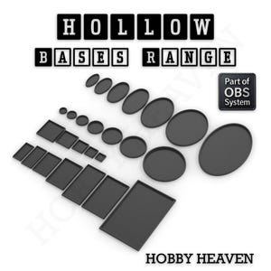 Könnte beinhalten: Eine Sammlung schwarzer hohler Sockel in verschiedenen Formen und Größen, darunter kreisförmige, ovale, quadratische und rechteckige Ausführungen. Der Text HOLLOW BASES RANGE, Part of OBS System und HOBBY HEAVEN ist in Schwarz-Weiß dargestellt.