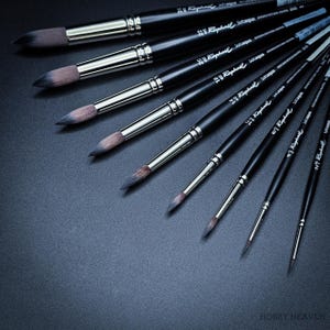 May include: A selection of black watercolour paint brushes with silver ferrules, arranged on a dark surface. The brushes are labelled with the brand name "Raphael" and various sizes. The bristles are a mix of brown and grey.