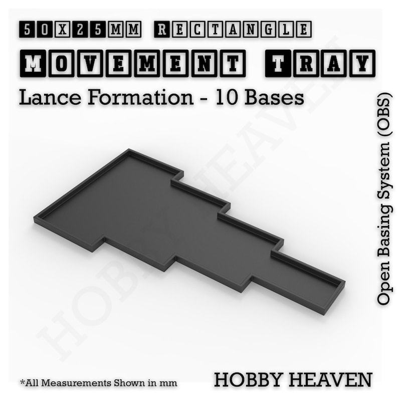 K&ouml;nnte beinhalten: Ein schwarzes Plastik-Bewegungstablett f&uuml;r Miniaturenspiele. Das Tablett ist f&uuml;r eine Lanzenformation mit 10 Basen ausgelegt, die 50 mm x 25 mm messen. Das Tablett ist Teil eines offenen Basissystems.