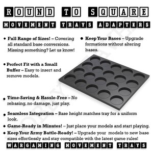 May include: Round to square movement trays and adapters for wargaming miniatures. The trays are black and have a grid of round holes. The text "ROUND TO SQUARE MOVEMENT TRAYS ADAPTERS" is printed in white letters on a black background.