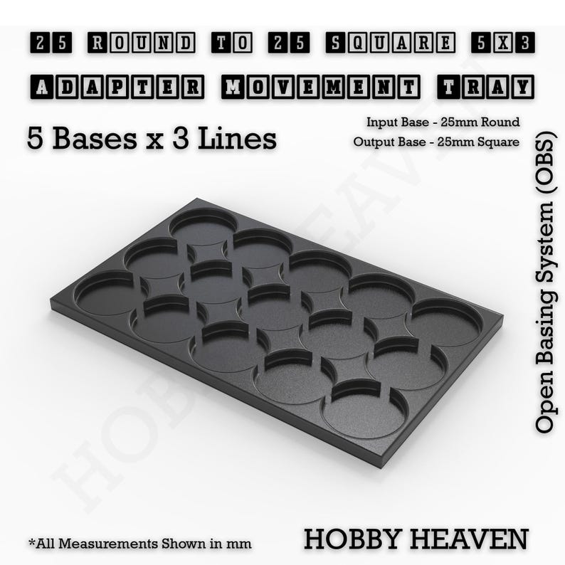 May include: A black plastic tray with 15 round indentations for holding miniature figures. The tray is labeled "25 Round to 25 Square 5x3 Adapter Movement Tray" and "5 Bases x 3 Lines". The tray is designed for use with an "Open Basing System (OBS)" and is labeled "Input Base - 25mm Round" and "Output Base - 25mm Square".