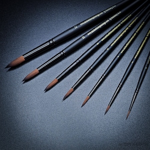 May include: A set of eight black paint brushes with gold lettering on the handles. The brushes are arranged in a fan shape, with the largest brush at the top and the smallest brush at the bottom. The lettering on the handles includes the size of the brush and the website address "www.michaelkleinpaintings.com".