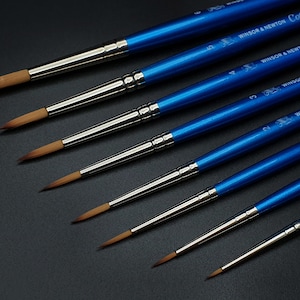 May include: Set of seven Winsor & Newton Cotman Series round paint brushes with blue handles and silver ferrules. The brushes are arranged in order of size, with the smallest brush at the bottom and the largest brush at the top.