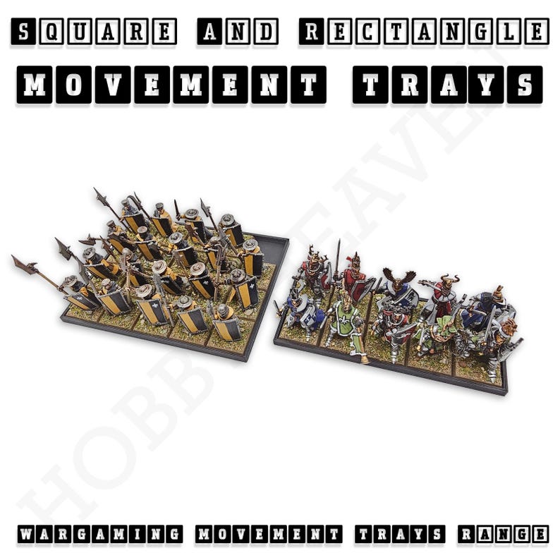 K&ouml;nnte beinhalten: Zwei Tabletts f&uuml;r Tabletop-Miniaturen, eines quadratisch und eines rechteckig. Das quadratische Tablett hat eine gr&uuml;ne Basis mit einem gelben und schwarzen Muster. Das rechteckige Tablett hat eine gr&uuml;ne Basis mit einem roten und schwarzen Muster. Beide Tabletts sind mit Miniaturfiguren gef&uuml;llt.