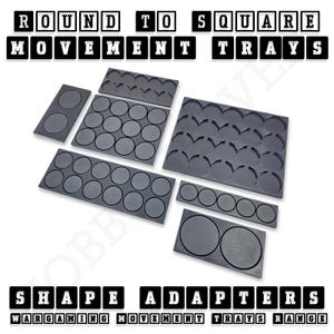 May include: A set of black plastic trays designed to hold round miniature bases, with various sizes and configurations. The trays are labeled "Round to Square Movement Trays" and "Shape Adapters".