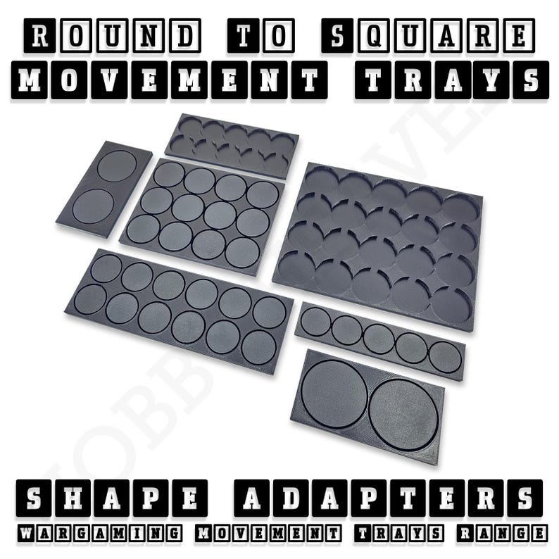 May include: A set of black plastic trays designed to hold round miniature bases, with various sizes and configurations. The trays are labeled "Round to Square Movement Trays" and "Shape Adapters".