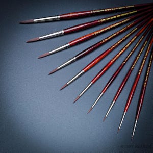 Op de afbeelding: Een set van tien Pro Arte Serie 200 verfkwasten met rode houten handvatten en zilveren metalen ferrules. De kwasten zijn in een waaier op een donkergrijze ondergrond gerangschikt. De tekst "Pro Arte" en "Serie 200" is in goud op de handvatten gedrukt.