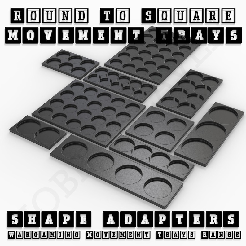 May include: Round to square movement trays for wargaming.  The trays are made of black plastic and have a variety of sizes and shapes.  The trays are designed to hold round miniatures and can be used to create a variety of different layouts.