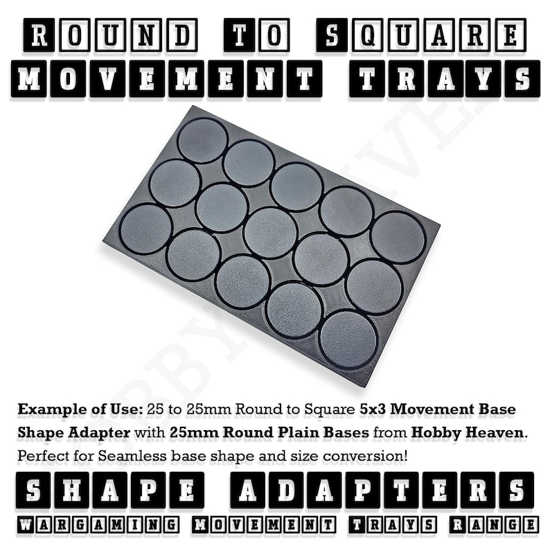 May include: A set of 15 round to square movement base shape adapters. The adapters are made of gray plastic and are arranged in a 5x3 grid. The adapters are designed to convert round bases to square bases for use with wargaming movement trays.