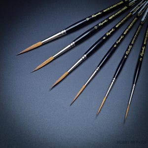 May include: Six paint brushes with black handles and gold lettering. The brushes are arranged in a fan shape on a dark grey surface. The lettering on the handles reads "Raphaël MARTRE KOLINSKY FRANCE".