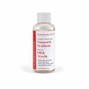 May include: A clear bottle of Rosemary & Co. conditioner with a white cap. The label reads "Natural & Synthetic" and "Oil & Acrylic." It is designed for all brush types, plant-based, with a fresh citrus scent, and removes paint from clothes.