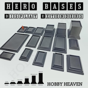 Könnte beinhalten: Eine Sammlung grauer Display-Basen und -Erweiterungen für Tabletop-Gaming. Die Basen variieren in Größe und Höhe, mit Messungen von 9 mm bis 82 mm. Der Text "HERO BASES DISPLAY EXTENDERS" ist oben zu sehen.