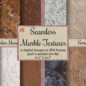Pode incluir: Uma coleção de 12 texturas de mármore sem emendas em várias cores, incluindo branco, castanho, vermelho, cinzento e preto. O texto central diz: 4K Seamless Marble Textures, Golden Muse Series, 12 imagens digitais em formato JPG, 4096 x 4096px 300 dpi, 34,8 cm x 34,8 cm.