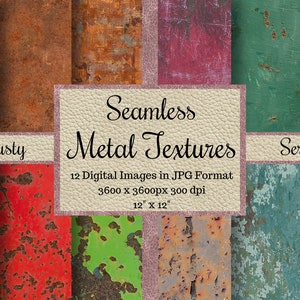 May include: A set of 12 digital seamless rusty metal textures in JPG format. Each image is 3600 x 3600 pixels and 300 dpi. The textures are in various shades of brown, red, green, blue, and yellow.