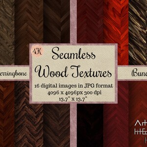 May include: A collection of 16 seamless wood textures in various shades of brown, red, and gold. The image includes herringbone patterns and the text "Seamless Wood Textures Bundle" with dimensions of 13.7" x 13.7".