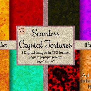 May include: A set of 8 seamless digital crystal textures in JPG format. The textures are in various colours, including amber, red, green, black, and purple. Each texture is 4096 x 4096 pixels and 300 dpi. The textures are 13.7 inches by 13.7 inches.