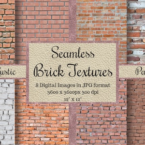 May include: A set of eight seamless brick textures in JPG format. Each image is 3600 x 3600 pixels and 300 dpi. The textures are 12 inches by 12 inches and feature various brick patterns, including rustic, whitewashed, and red brick.