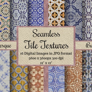 Könnte beinhalten: Ein digitales Download-Paket mit 16 nahtlosen Fliesentexturen in verschiedenen Blau-, Gelb- und Brauntönen. Die Texturen sind 3600 x 3600 Pixel groß und haben 300 dpi. Der Text "Seamless Tile Textures" befindet sich in der Mitte des Bildes. Der Text "Arabesque" befindet sich in der oberen linken Ecke des Bildes. Der Text "Bundle" befindet sich in der oberen rechten Ecke des Bildes.