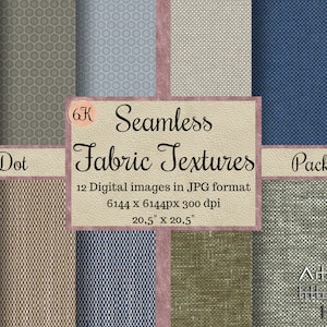 May include: A selection of seamless fabric textures in diverse colours and patterns, including dot and woven designs. The image shows 12 digital images in JPG format, each 52.07 x 52.07 cm.
