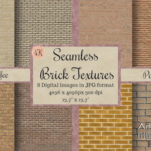 May include: A set of eight seamless brick textures in a variety of colours, including brown, red, and beige. The textures are 4096 x 4096 pixels and 300 dpi. The text "4K Seamless Brick Textures" is displayed in the centre of the image.