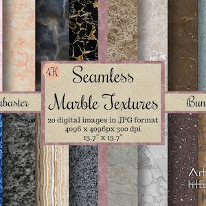 May include: A digital collection of 20 seamless marble textures in JPG format, 4096 x 4096px at 300 dpi, measuring 13.7 x 13.7 inches. The bundle features various stone patterns including white, black, blue, pink, and brown marble variations.