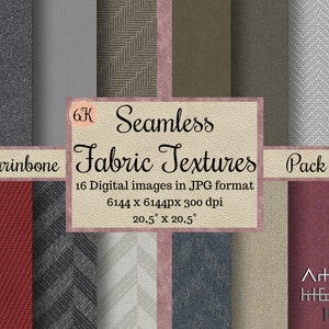 May include: A collection of sixteen seamless fabric textures in various colors and patterns, including herringbone and solid designs. The digital images are 20.5 x 20.5 inches in size and are in JPG format.