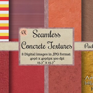May include: A set of eight seamless concrete textures in various colours, including red, orange, brown, and yellow. The textures are 4096 x 4096 pixels and 300 dpi, making them ideal for digital design projects.