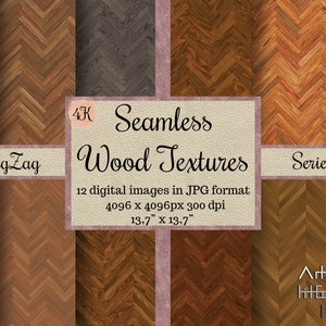 Może przedstawiać: Dwunastu bezszwowych tekstur drewna w splocie jodełkowym. Tekstury są w różnych odcieniach brązu, od jasnego do ciemnego. Obrazy mają rozdzielczość 4096 x 4096 pikseli i 300 dpi. Tekst "4K Seamless Wood Textures Series" znajduje się w środku obrazu.