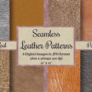May include: A digital download pack of eight seamless leather patterns in JPG format. Each pattern is 3600 x 3600 pixels and 300 dpi. The patterns are 12 inches by 12 inches.