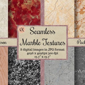 May include: A collection of eight seamless marble textures in various colors including white, red, beige, orange, pink, black, and gray. The central text reads 4K Seamless Marble Textures Pack, 8 digital images in JPG format, 4096 x 4096px 300 dpi, 13.7" x 13.7".