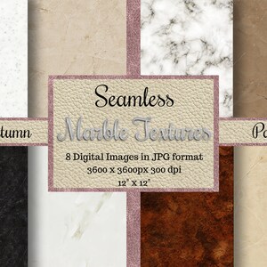 May include: A digital download pack of 8 seamless marble textures in JPG format. Each image is 3600 x 3600 pixels, 300 dpi, and 12 inches by 12 inches.