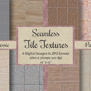 Pode incluir: Um pacote de download digital de 8 texturas de azulejos sem costura em formato JPG. As texturas são de 3600 x 3600 pixels, 300 dpi e 30,48 cm por 30,48 cm. O pacote inclui uma variedade de estilos de azulejos, incluindo clássicos, madeira e pedra.