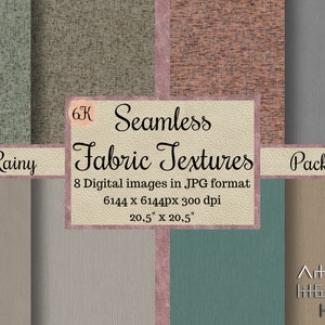 Puede incluir: Un conjunto de 8 texturas de tela sin costuras en formato JPG. Las texturas son en varios tonos de marrón, verde y gris. Las texturas son de 6144 x 6144 píxeles y 300 ppp. El texto "6K Seamless Fabric Textures Pack" está en el centro de la imagen.