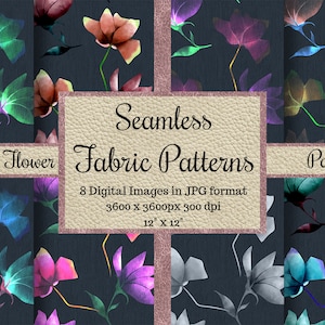 Seamless Watercolor Neon Flowers Fabric Patterns, Green Blue Pink neon lights Linen Textures, Floral Textile Digital Papers, Repeating Neon