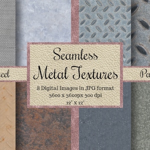 May include: A digital pack of 8 seamless metal textures in JPG format. Each texture is 3600 x 3600 pixels, 300 dpi, and 12 inches by 12 inches. The textures include steel, rusted metal, and various types of metal with different patterns.