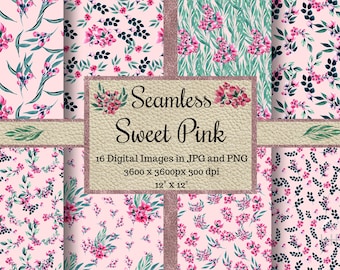 Seamless Sweet Pink Watercolor Flower Patterns, Pastel Floral Textures, Transparent background colorful Digital Papers, png Scrapbook file