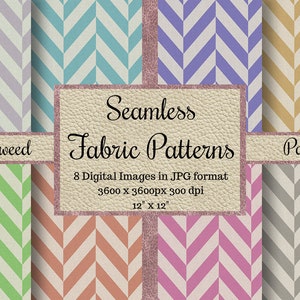 May include: A set of eight digital seamless chevron fabric patterns in various colours, including light purple, teal, lavender, gold, green, peach, pink, and grey. The patterns are 3600 x 3600 pixels and 300 dpi. The text "Seamless Fabric Patterns" is in the centre of the image. The text "Tweed" is in the top left corner of the image. The text "Pack" is in the top right corner of the image.