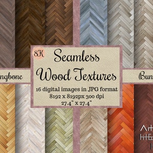 Puede incluir: Un paquete de 16 texturas de madera de espiga sin costuras en formato JPG. Cada imagen es de 8192 x 8192 píxeles, 300 ppp y mide 27,4 pulgadas por 27,4 pulgadas. Las texturas presentan una variedad de colores y vetas de madera, incluyendo marrón, gris, beige y rojo.