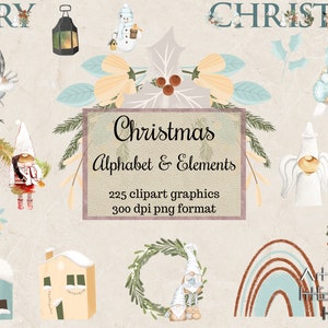 May include: A set of 225 Christmas clipart graphics in PNG format, featuring a variety of festive elements, including gnomes, birds, houses, a wreath, a rainbow, and the words "Merry Christmas".
