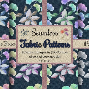 Puede incluir: Un conjunto de ocho patrones de tela digitales sin costuras que presentan flores de acuarela en tonos de azul, rosa y verde sobre un fondo azul oscuro. Los patrones son de 3600 x 3600 píxeles y 300 ppp, y tienen un tamaño de 12 pulgadas por 12 pulgadas. El texto "Patrones de tela sin costuras" y "Paquete de flores de Ucrania" está incluido en la imagen.