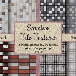 May include: A digital pack of 8 seamless tile textures in JPG format. The textures are 3600 x 3600 pixels and 300 dpi. The pack includes a variety of tile patterns, including brick, mosaic, and subway tile.