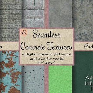 May include: A digital download pack of 12 seamless concrete textures in JPG format. Each image is 4096 x 4096 pixels, 300 dpi, and measures 13.7 inches by 13.7 inches. The textures include various shades of grey, green, and blue, with some featuring distressed or weathered effects.