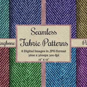 May include: A set of eight seamless herringbone fabric patterns in various colours, including teal, blue, green, purple, red, and brown. The patterns are 3600 x 3600 pixels and 300 dpi, and each pattern is 12 inches by 12 inches.