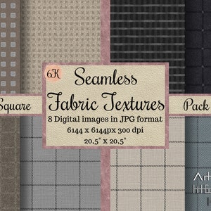 Puede incluir: Un conjunto de 8 texturas de tela digitales sin costuras en formato JPG. Las texturas son de varios colores y patrones, incluyendo marrón, gris y azul. Las texturas son de 6144 x 6144 píxeles y 300 ppp. El texto "6K Seamless Fabric Textures Pack" está escrito sobre un fondo beige.