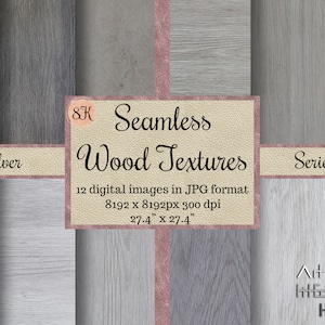 May include: A set of 12 seamless wood textures in a silver color scheme. The textures are 8192 x 8192 pixels and 300 dpi. The images are in JPG format. The text on the image reads "&K Seamless Wood Textures Series".