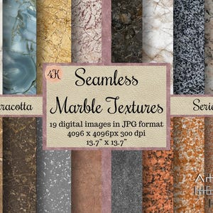 May include: A collection of 19 seamless marble textures in JPG format, featuring various patterns and colours including white, black, grey, gold, and terracotta. The text reads 4K Seamless Marble Textures Series, 19 digital images in JPG format, 4096 x 4096px 300 dpi, 34.8 x 34.8 cm.