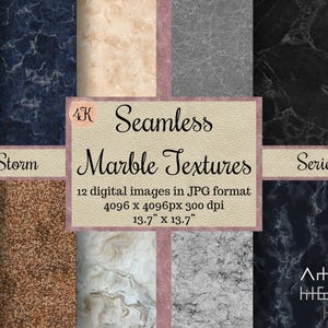 Peut inclure: Une collection de 12 images numériques présentant des textures de marbre sans raccord dans diverses couleurs dont noir, bleu, beige, gris, marron et blanc. Le texte indique 4K Seamless Marble Textures Series, 12 images numériques au format JPG, 4096 x 4096px 300 dpi, 34,8 x 34,8 cm.