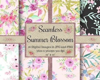 Seamless Summer Blossom Watercolor Flower Patterns, Pink Floral Textures, Soft colorful paint leaf Digital Papers, Repeating Scrapbook file