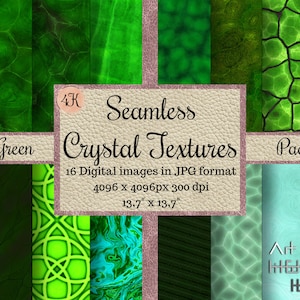 Puede incluir: Una colección de texturas de cristal verdes sin costuras. La imagen incluye 16 imágenes digitales en formato JPG, cada una de 34,8 cm x 34,8 cm. El texto de la imagen dice "Green Crystal Textures Pack".