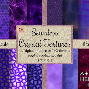 May include: A digital pack of 16 seamless purple crystal textures in JPG format. Each image is 4096 x 4096 pixels and 300 dpi, measuring 13.7 inches by 13.7 inches.